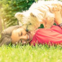 dog licking it's owner lying on the grass