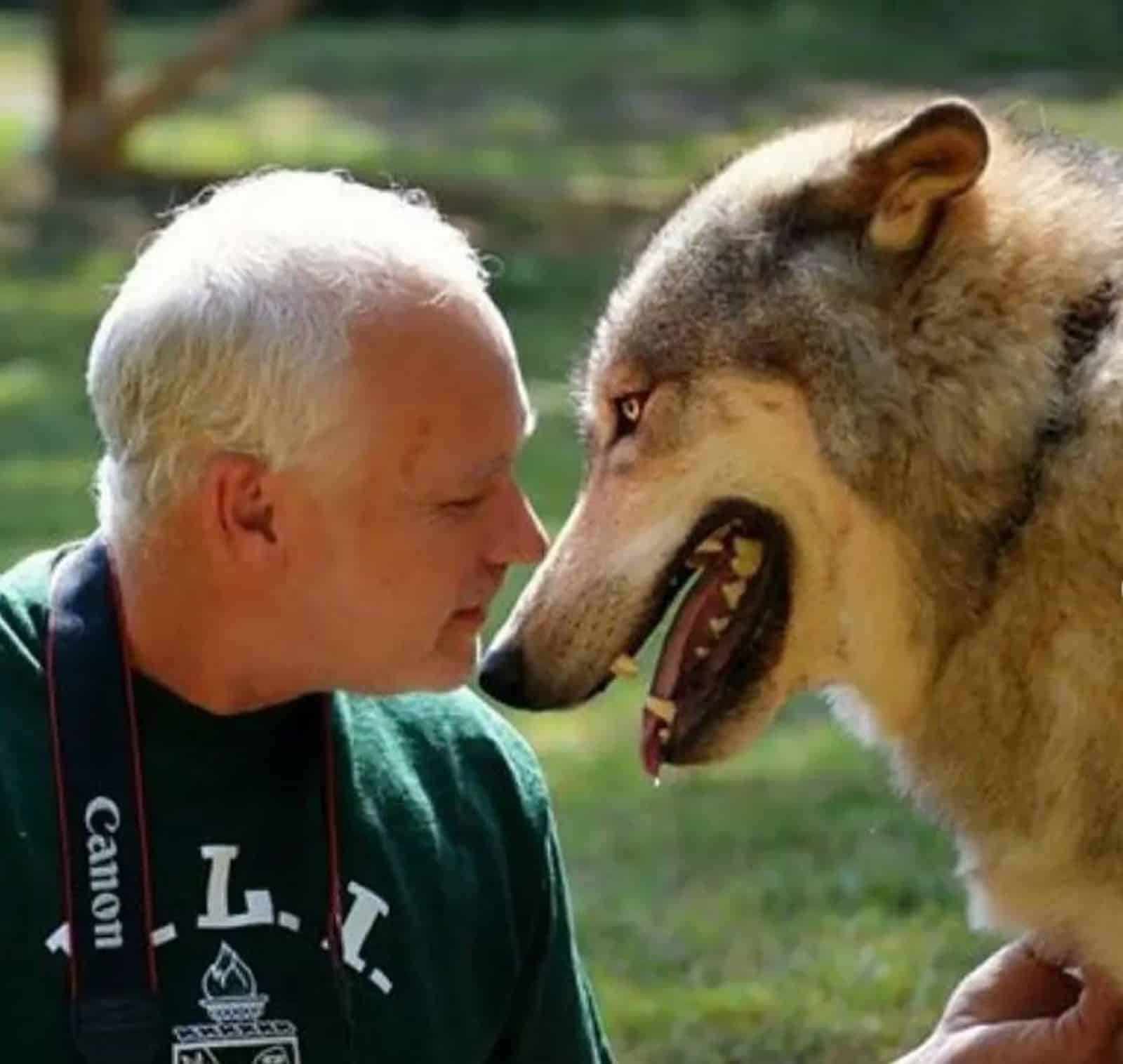 man cuddling his wolf dog in nature