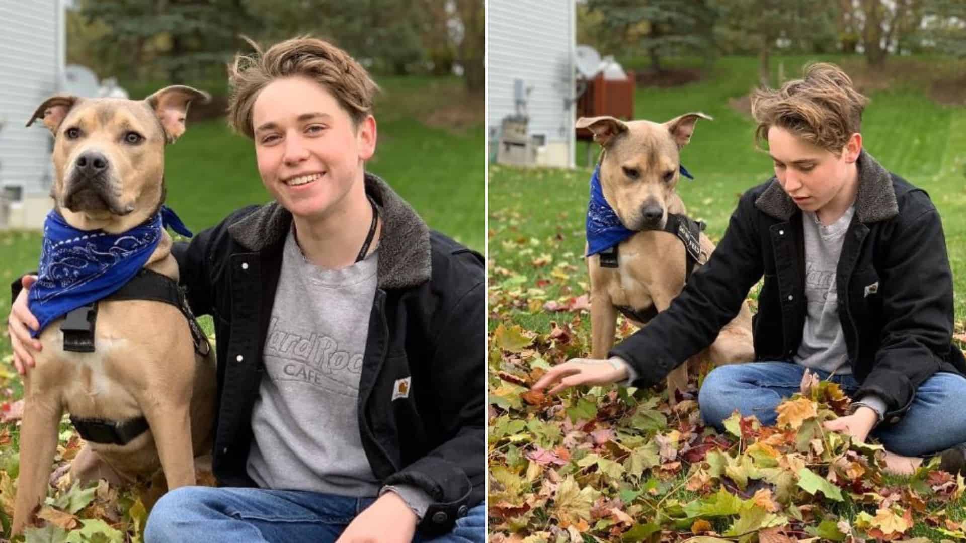 boy and his suffering dog hanging out