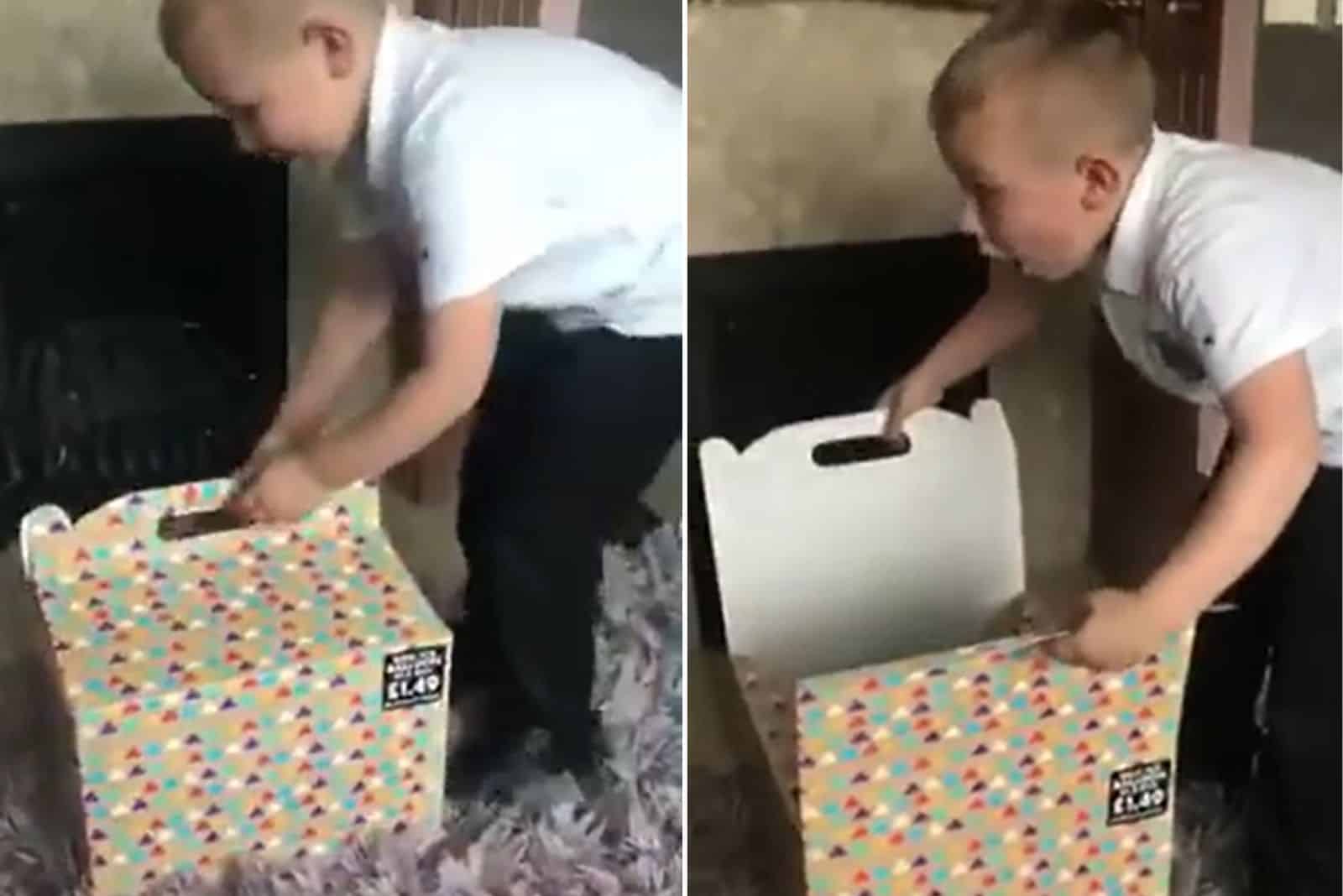 boy opens the box and looks surprised