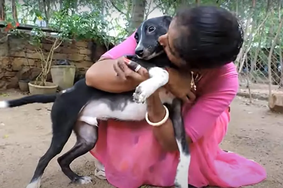 woman hugging and kissing the dog