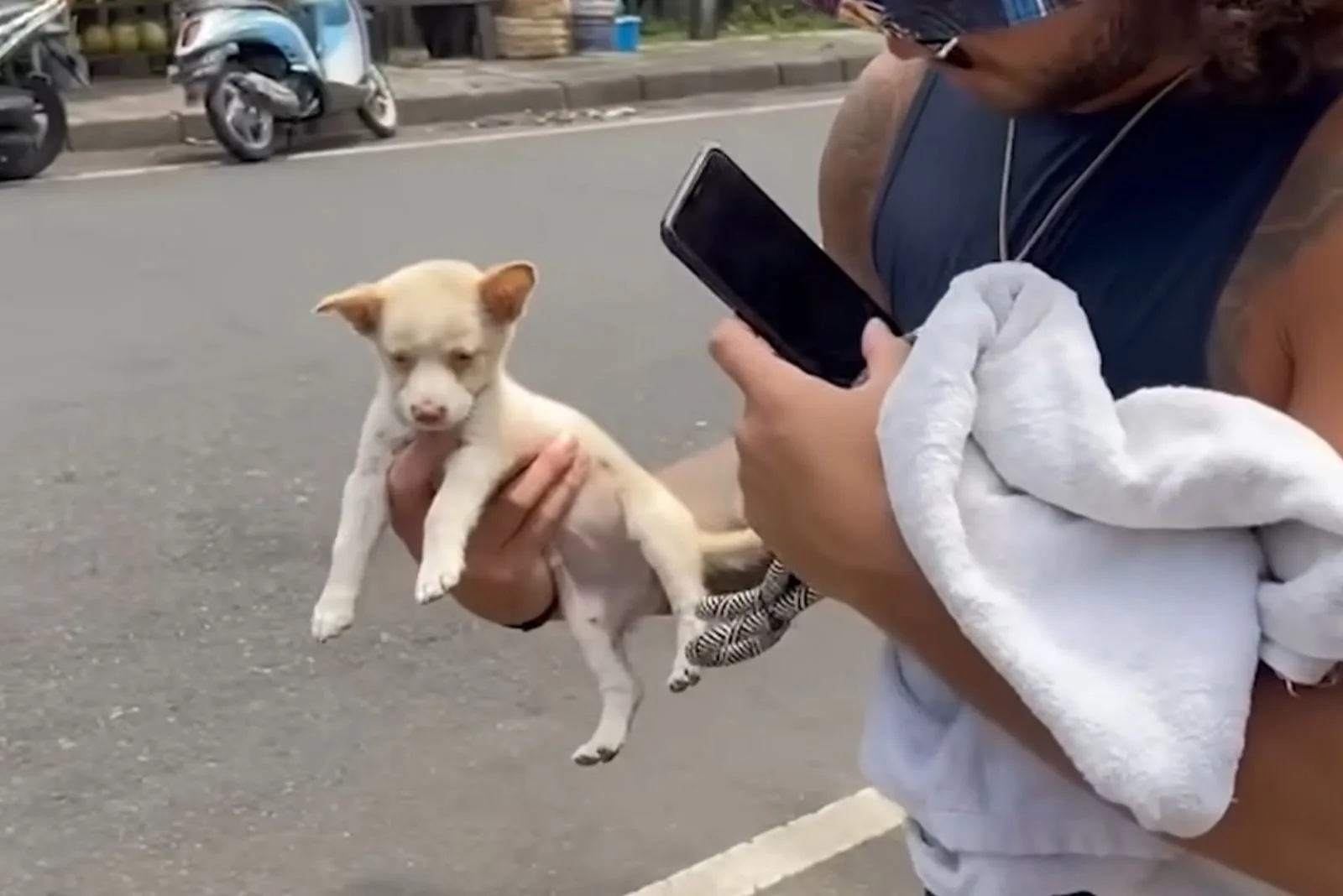 man holding the puppy in his hand