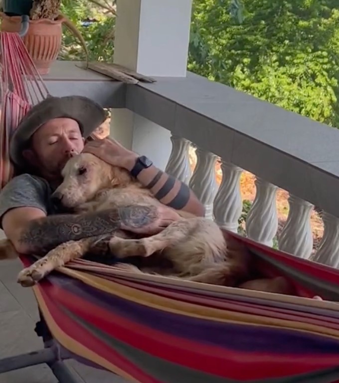 man and dog lying in a hammock