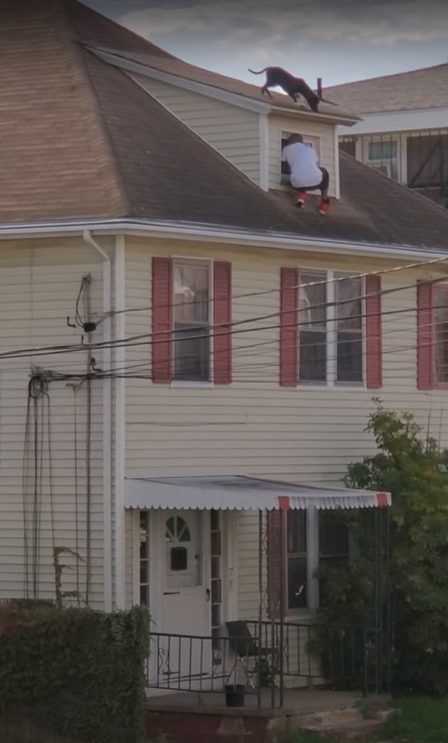 man getting on the roof out of window
