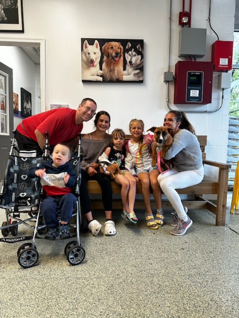 a happy family is sitting on a bench with a dog