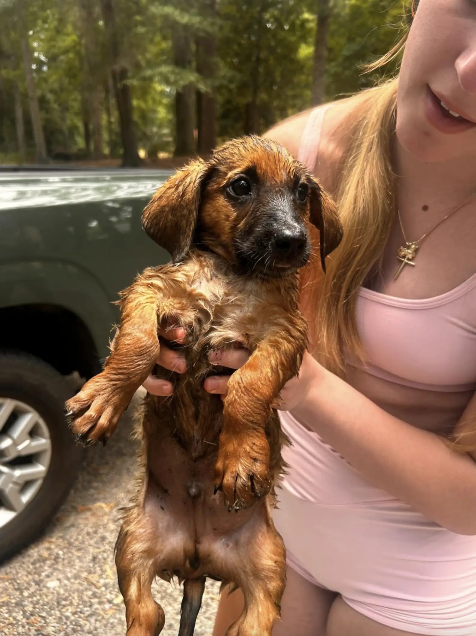 blonde woman and brown dog