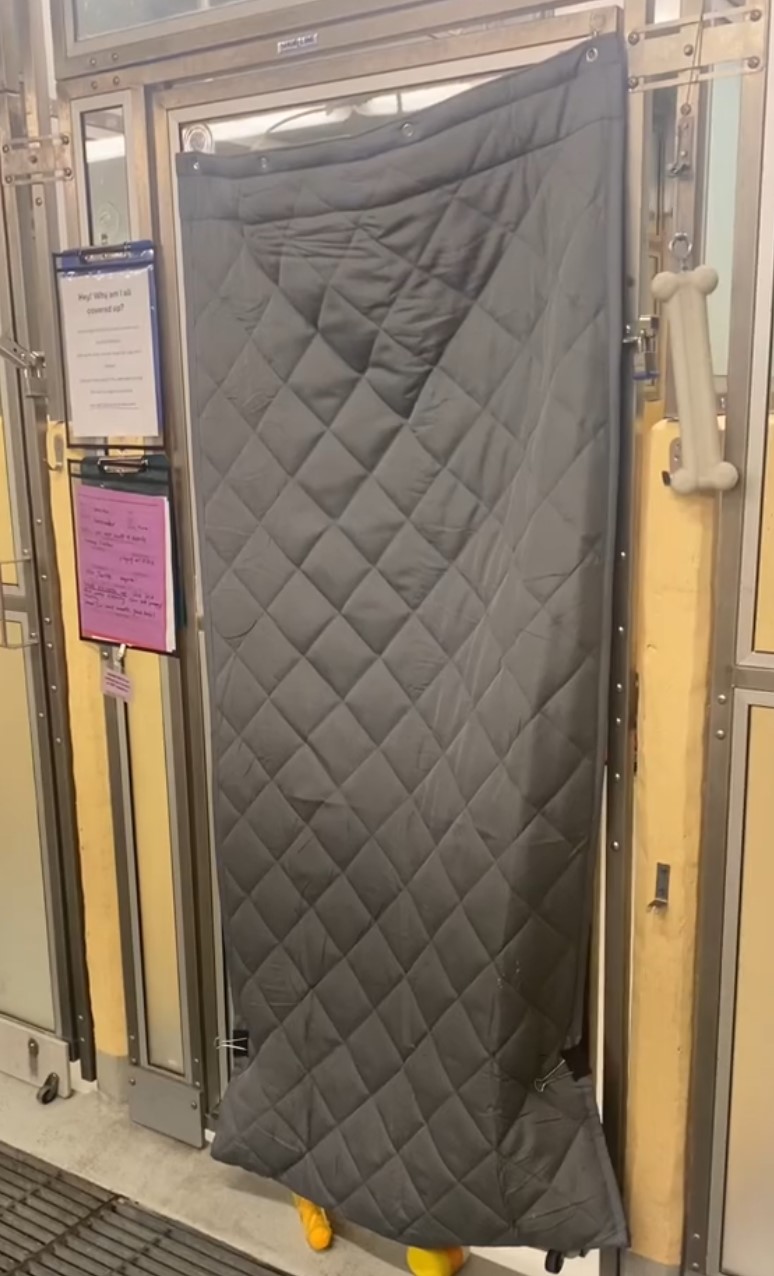 gray blanket on the door