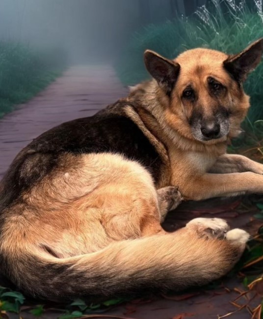 portrait of a dog lying on the road