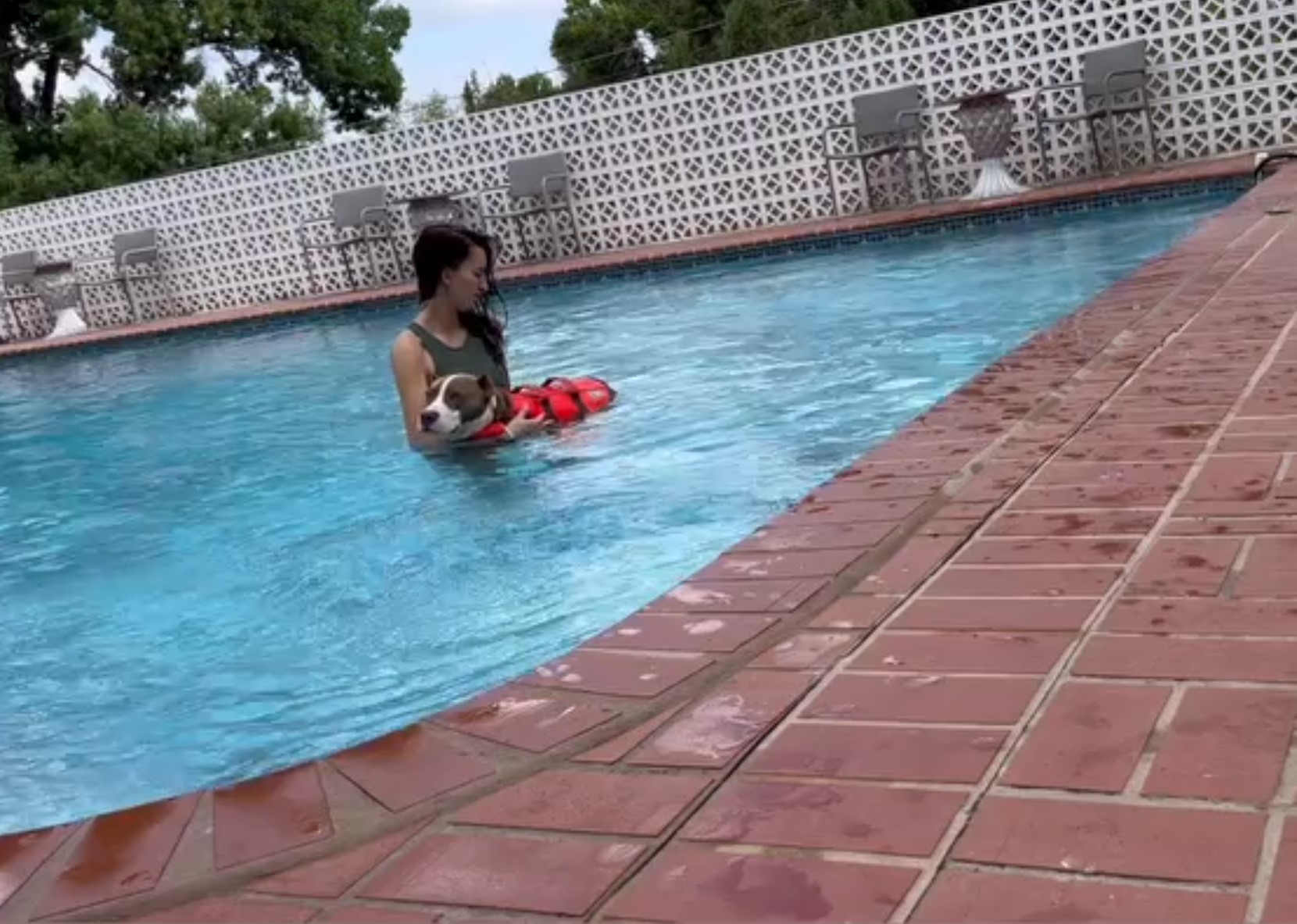 woman and dog in pool