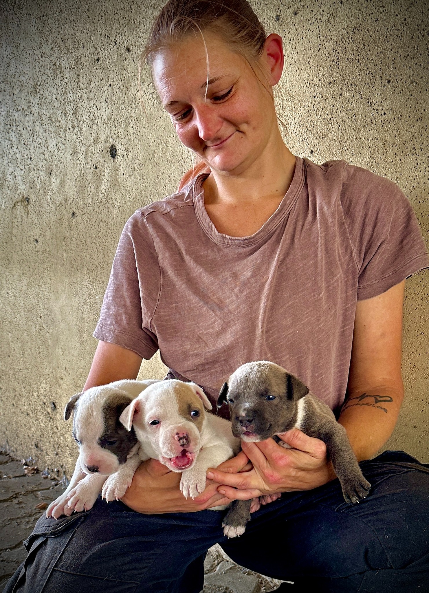 woman and three puppies