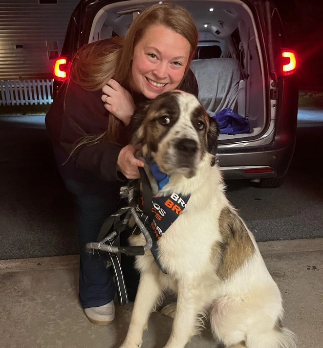 a girl with a leash is holding a dog and they are taking a picture