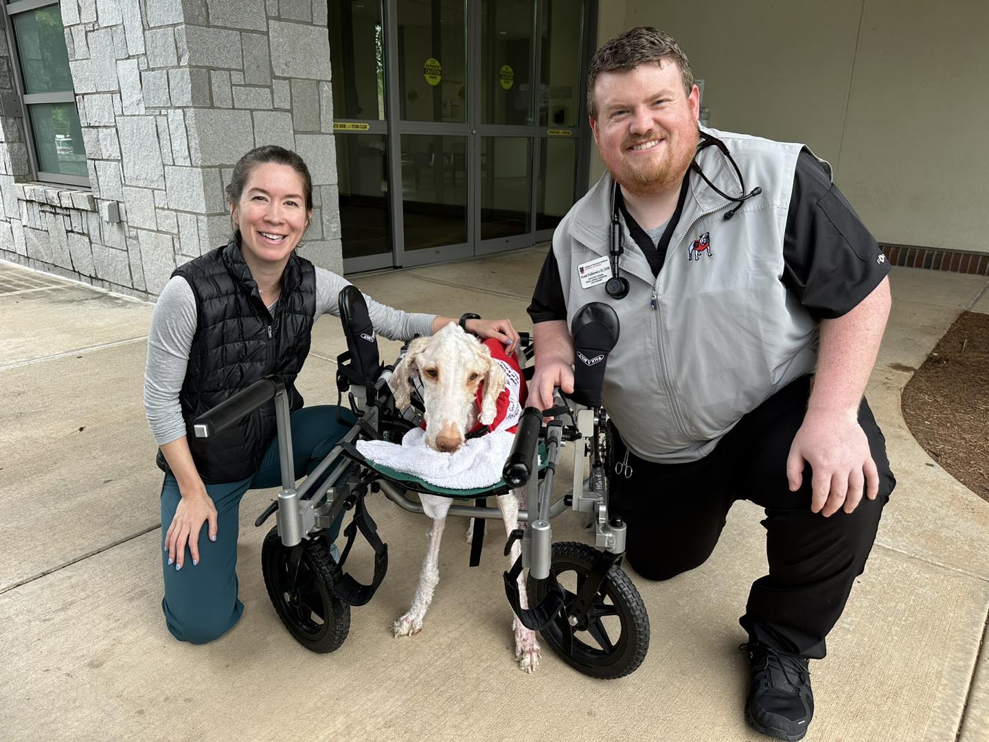 man and woman with a dog in wheelchair