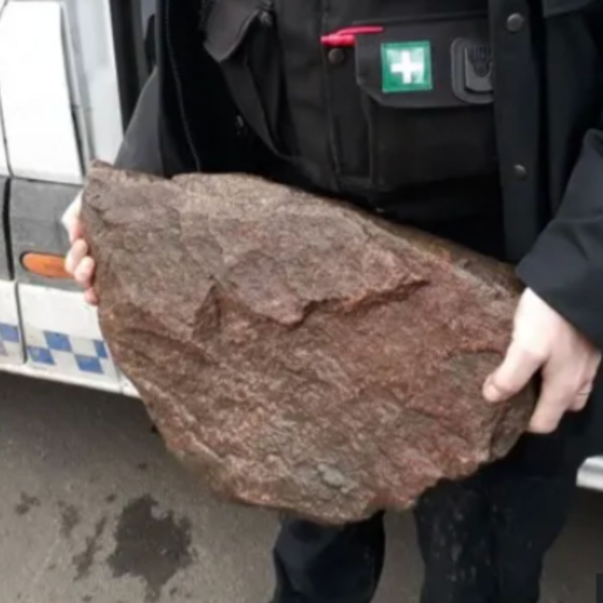 rescuer holding a big rock