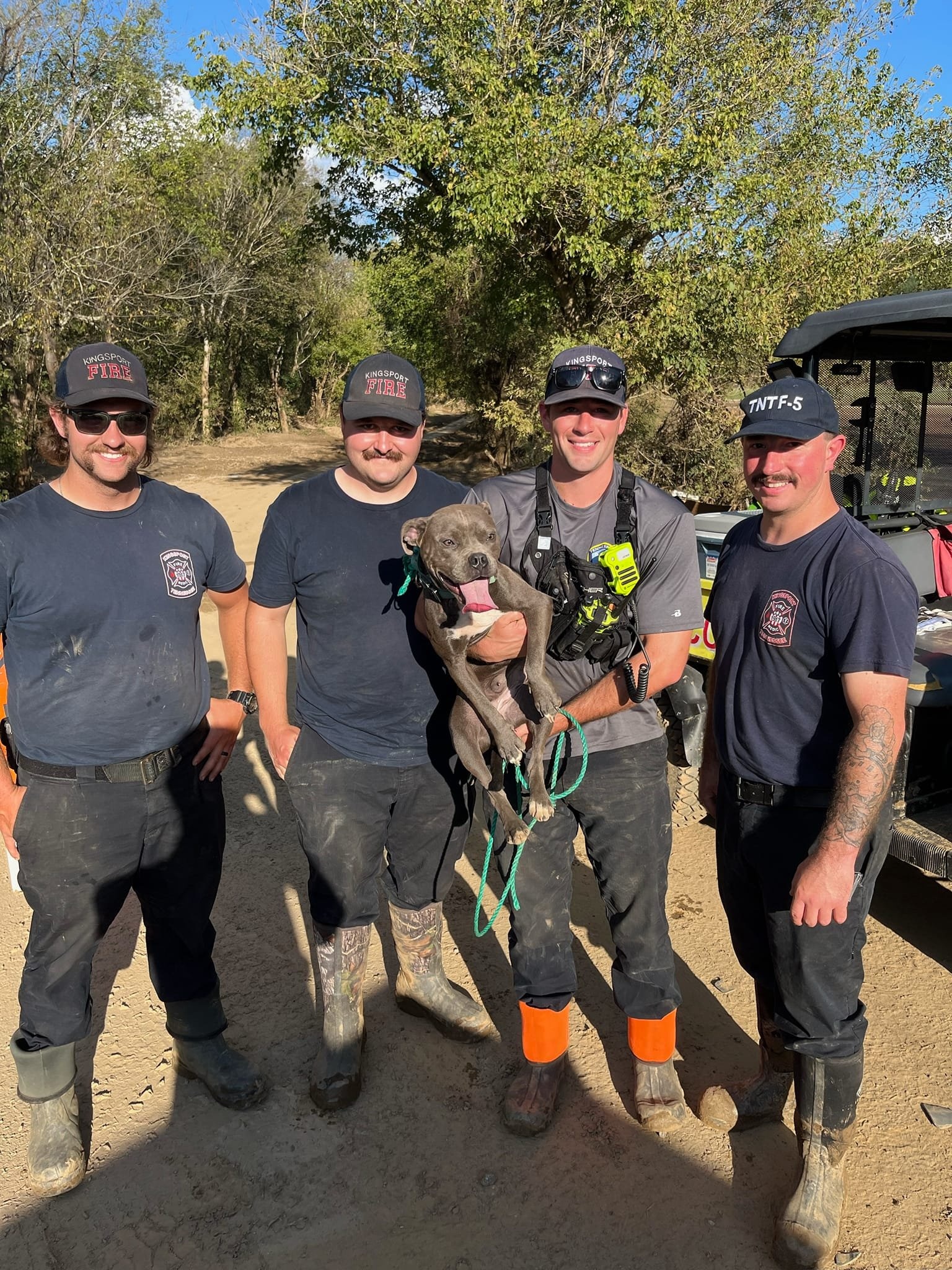 four rescuers with dog