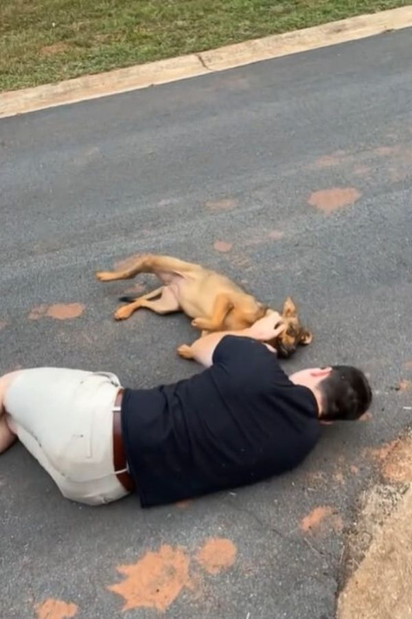 man and dog laying on the street