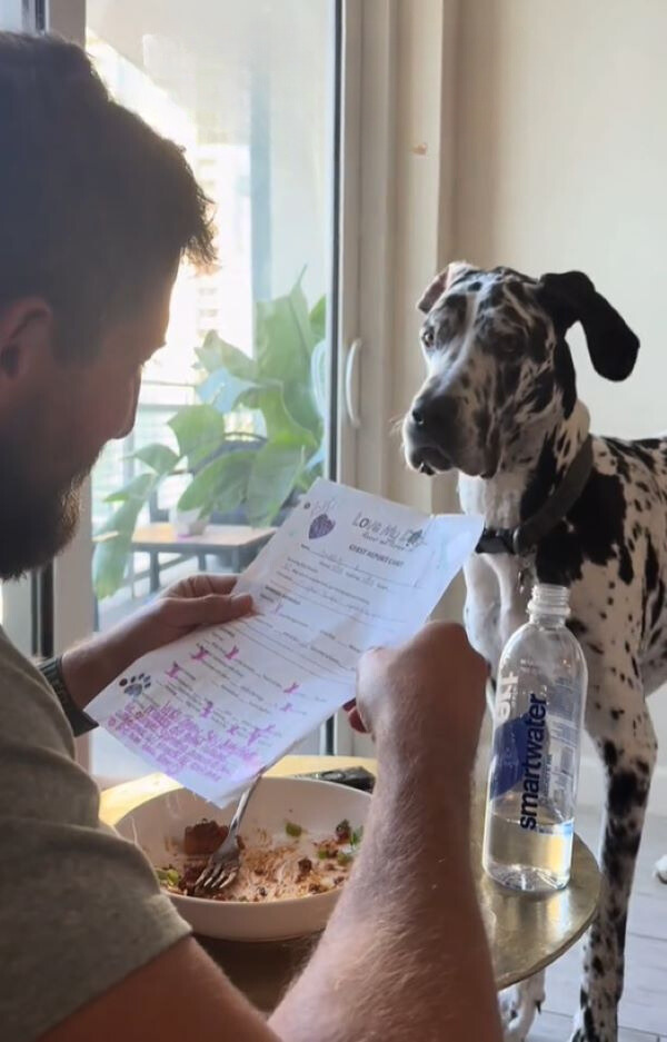 man reading a note to the dog