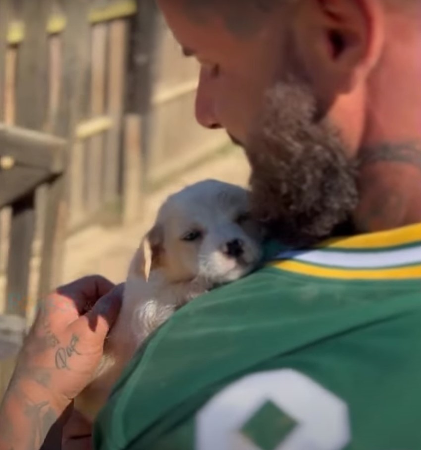 man with beard holding a puppy