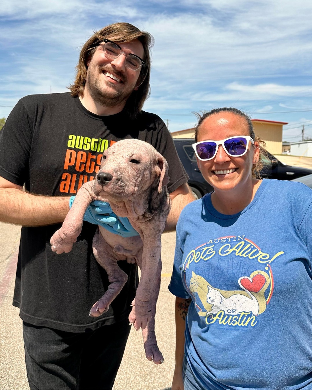 smiling couple adopted hairless dog