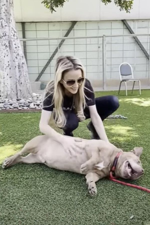 woman playing with dog