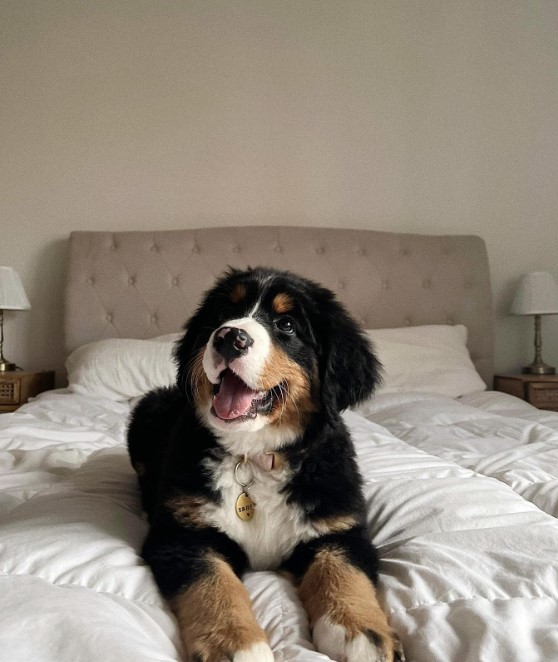 A happy dog ​​is lying on the bed