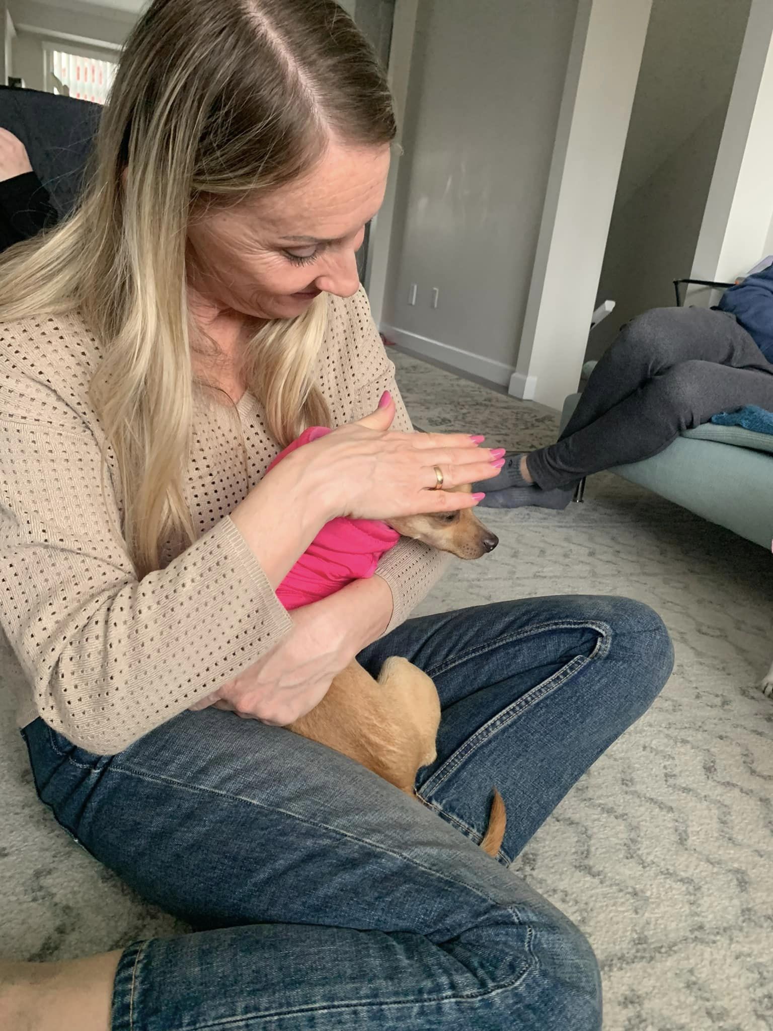 a woman holds a small dog in her arms