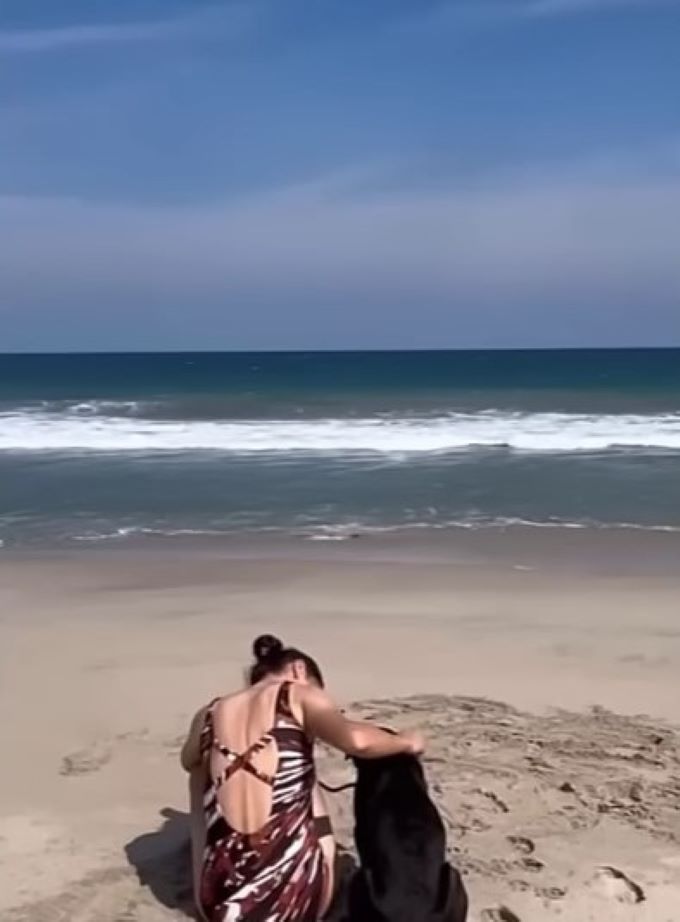 dog and woman on a beach