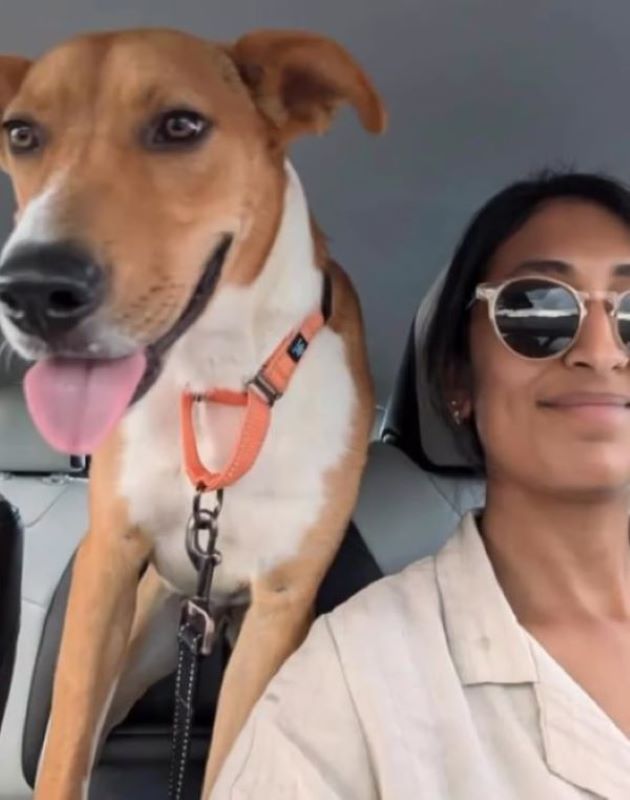 the girl enjoys driving with the dog