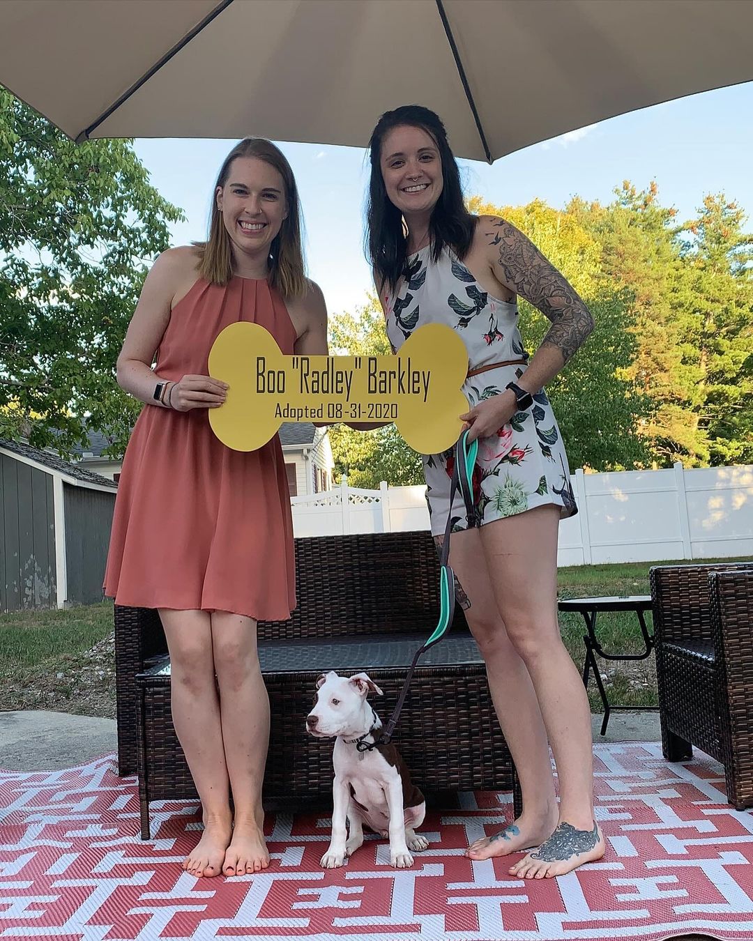 two women and adopted pitbull