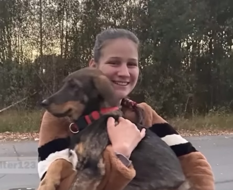 woman holding brown dog