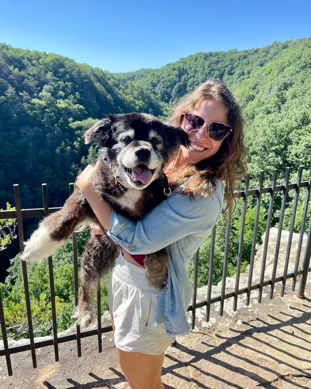 smiling woman holding dog outdoor