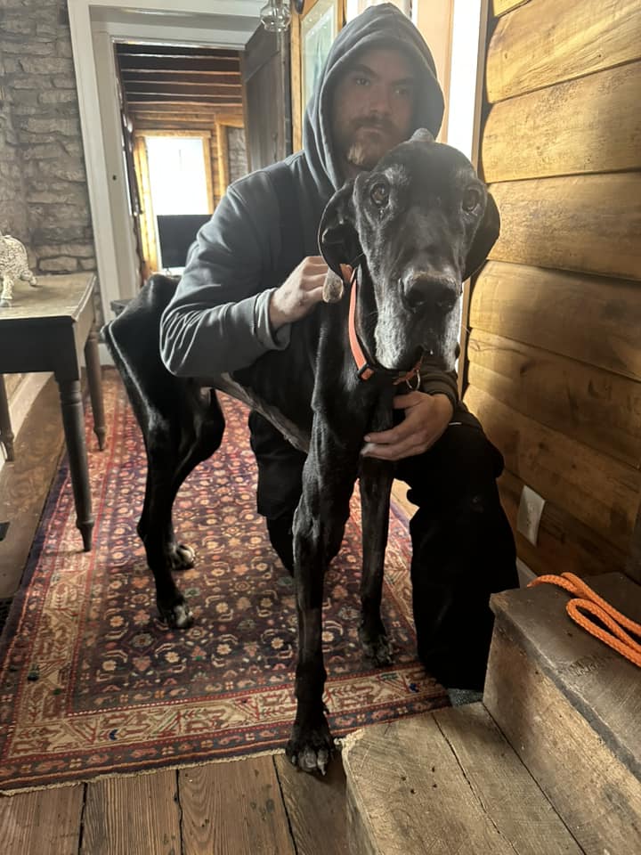 man hugging a black Great Dane