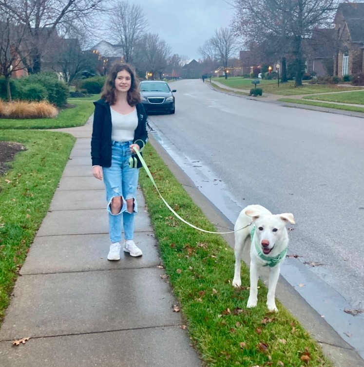 young woman walking a dog